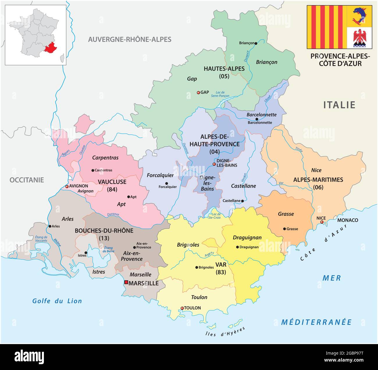 Carte vectorielle administrative de la région Provence-Alpes-Côte d'Azur avec drapeau Illustration de Vecteur