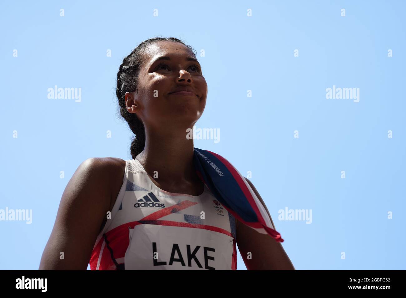 5 août 2021 ; Stade olympique, Tokyo, Japon : Tokyo 2020 Jeux Olympiques d'été jour 13 ; Womens heptathlon, saut en hauteur, Morgan Lake se prépare pour son saut Banque D'Images