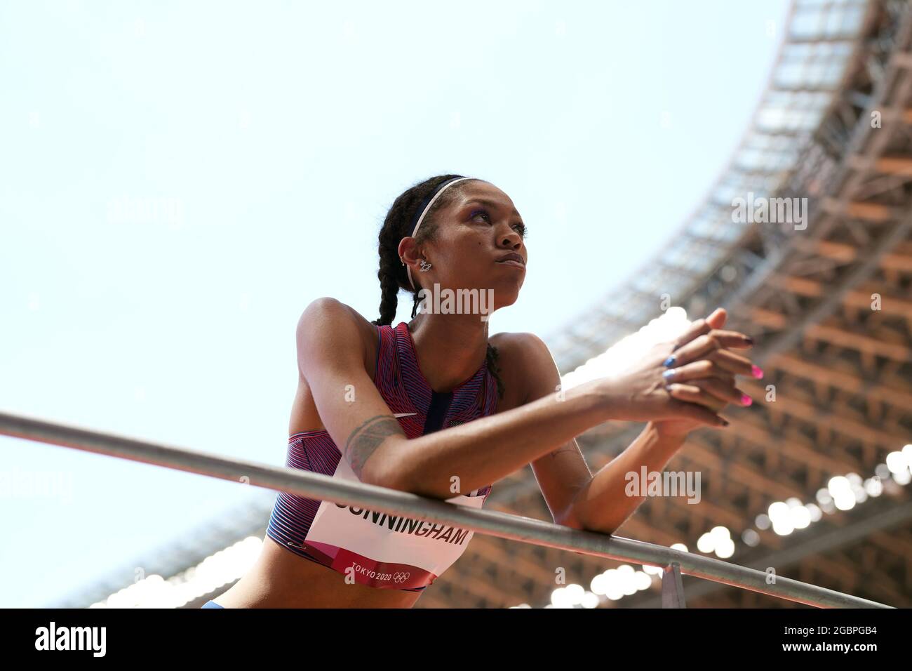 5 août 2021 ; Stade olympique, Tokyo, Japon : Tokyo 2020 Jeux Olympiques d'été jour 13 ; Womens Heptathlon, événement de saut en hauteur : CUNNINGHAM Vashti (Etats-Unis) Banque D'Images
