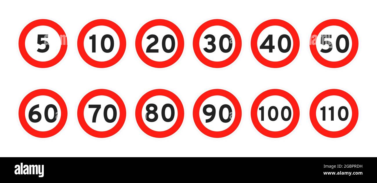 Limite de vitesse 5, 10, 15, 20, 30, 40, 50, 60, 70, 80, 90, 100 route ronde icône de signalisation plate style design vecteur illustration ensemble isolé sur blanc ba Illustration de Vecteur
