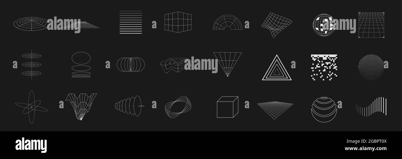 Ensemble d'éléments de design rétrofuturistes. Collection de grilles, cubes, perspectives, formes rayées, éléments circulaires, grilles polaires, triangles dans Illustration de Vecteur