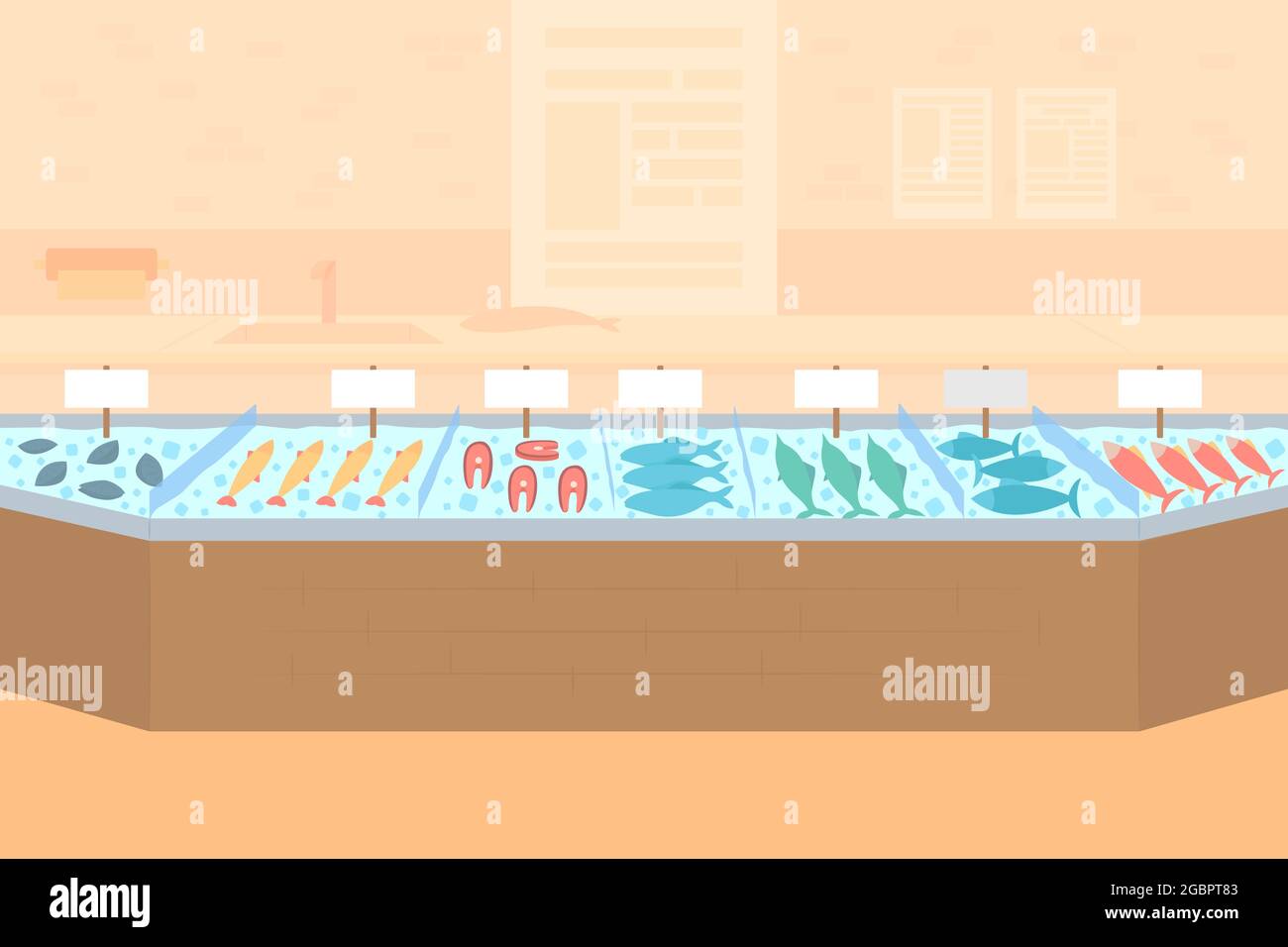 Stand de marché avec illustration vectorielle de couleur plate de fruits de mer Illustration de Vecteur
