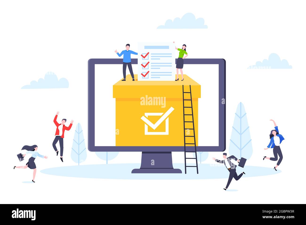 Concept de vote en ligne modèle plat dessin illustration vectorielle. Des personnes minuscules avec sondage de vote en ligne de l'enquête de travail ensemble. Illustration de Vecteur