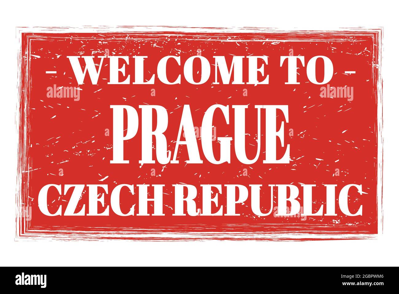 BIENVENUE À PRAGUE - RÉPUBLIQUE TCHÈQUE, mots écrits sur le cachet rouge rectangle post Banque D'Images