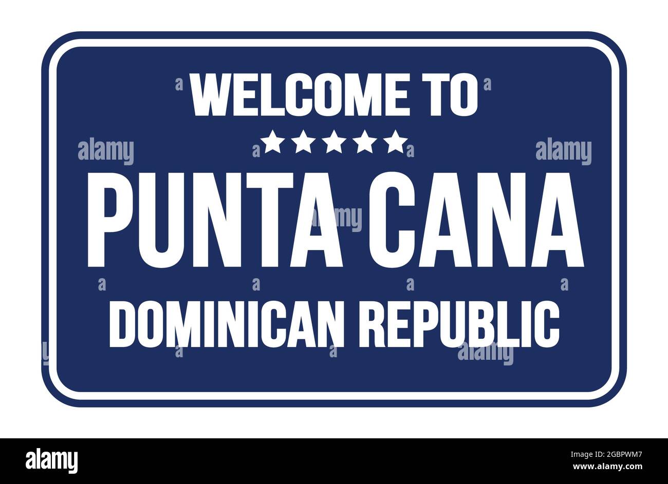 BIENVENUE À PUNTA CANA - RÉPUBLIQUE DOMINICAINE, sur le rectangle bleu du timbre de rue Banque D'Images