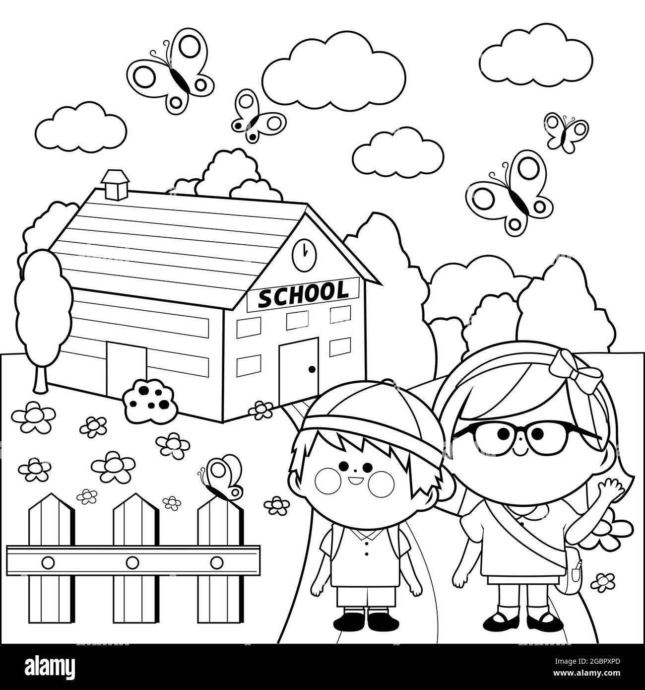 Les enfants à leur école. Page de livre de coloriage noir et blanc Banque D'Images