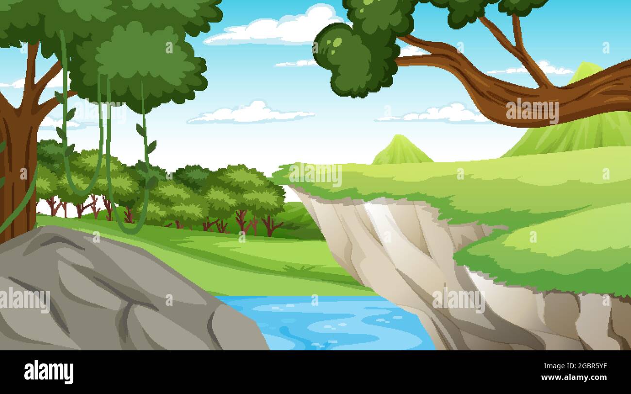 Scène de la nature avec ruisseau qui coule à travers l'illustration de la falaise Illustration de Vecteur