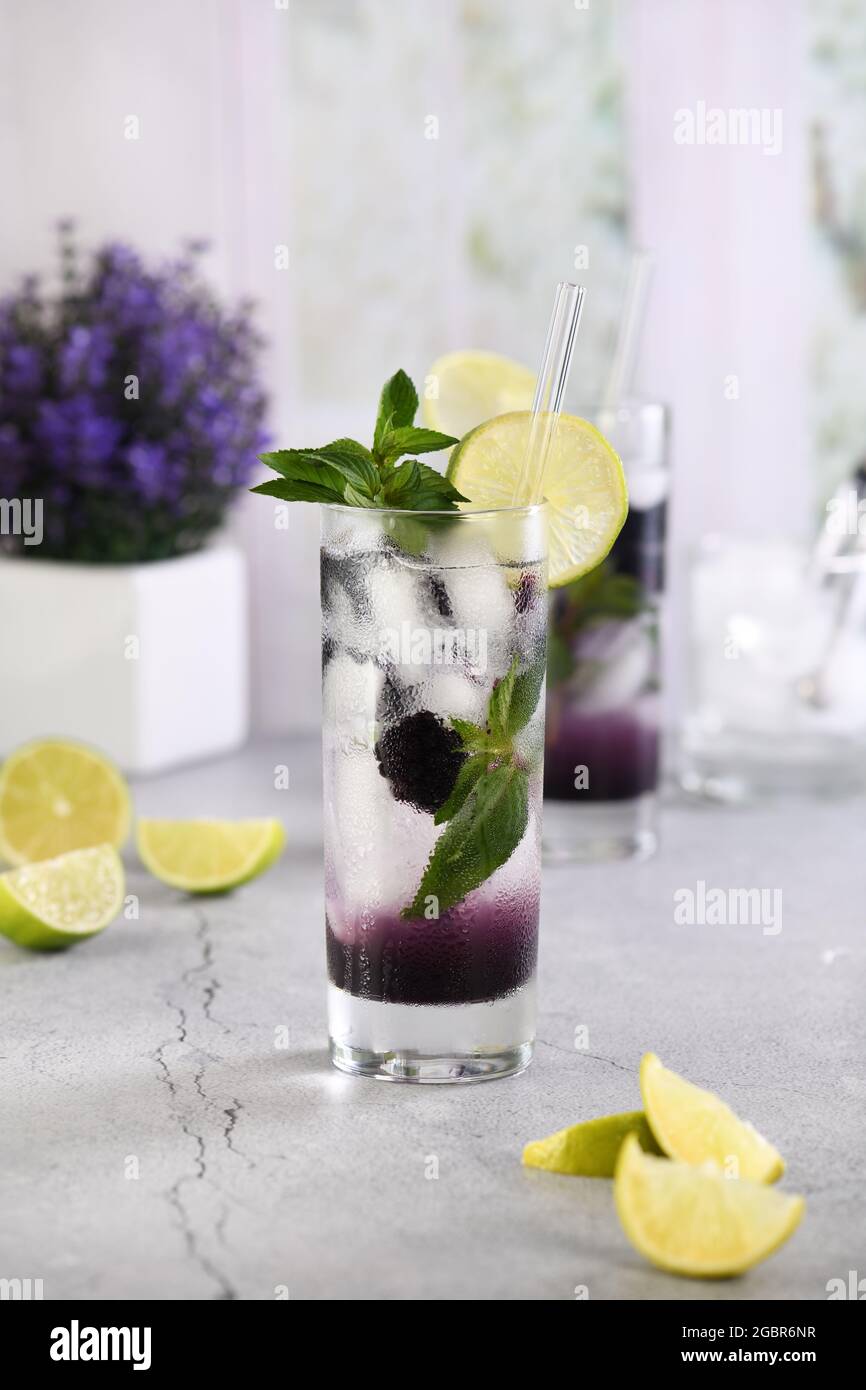 Cocktail d'été rafraîchissant BlackBerry mojito avec glace, menthe fraîche et citron vert Banque D'Images