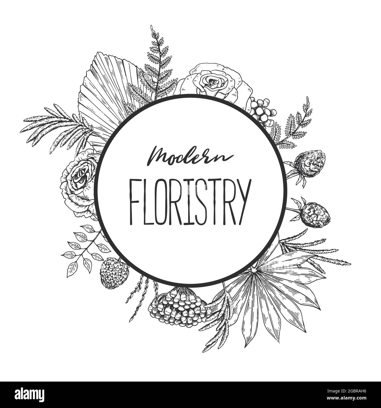 Cadre de botanique tracé à la main avec éléments dessinés à la main. Design pour logo, imprimés et invitations Illustration de Vecteur