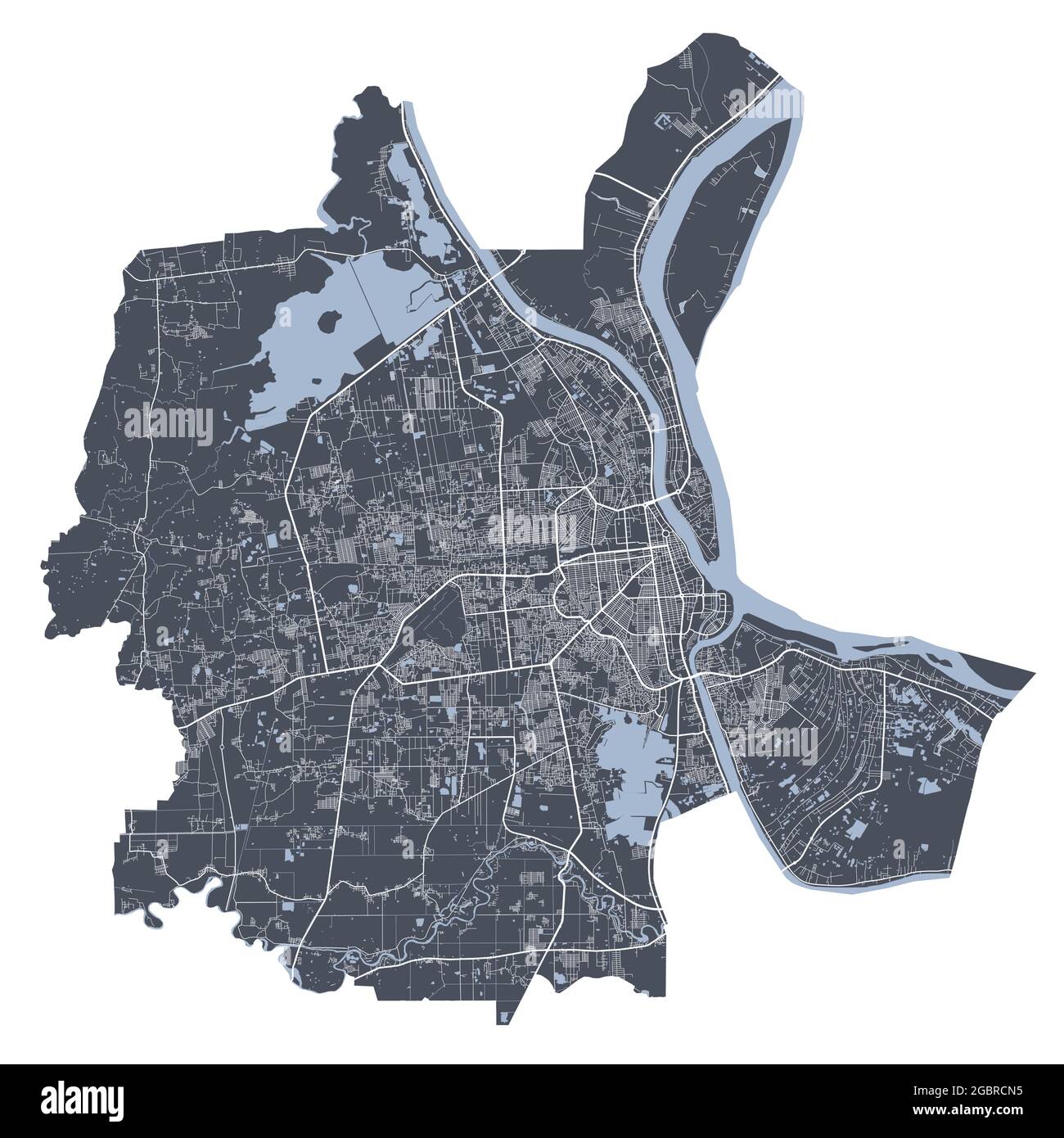 Carte de Phnom Penh. Carte vectorielle détaillée de la zone administrative de la ville de Phnom Penh. Vue sur l'aria métropolitain avec affiche CityScape. Terre sombre avec rues blanches, roa Illustration de Vecteur