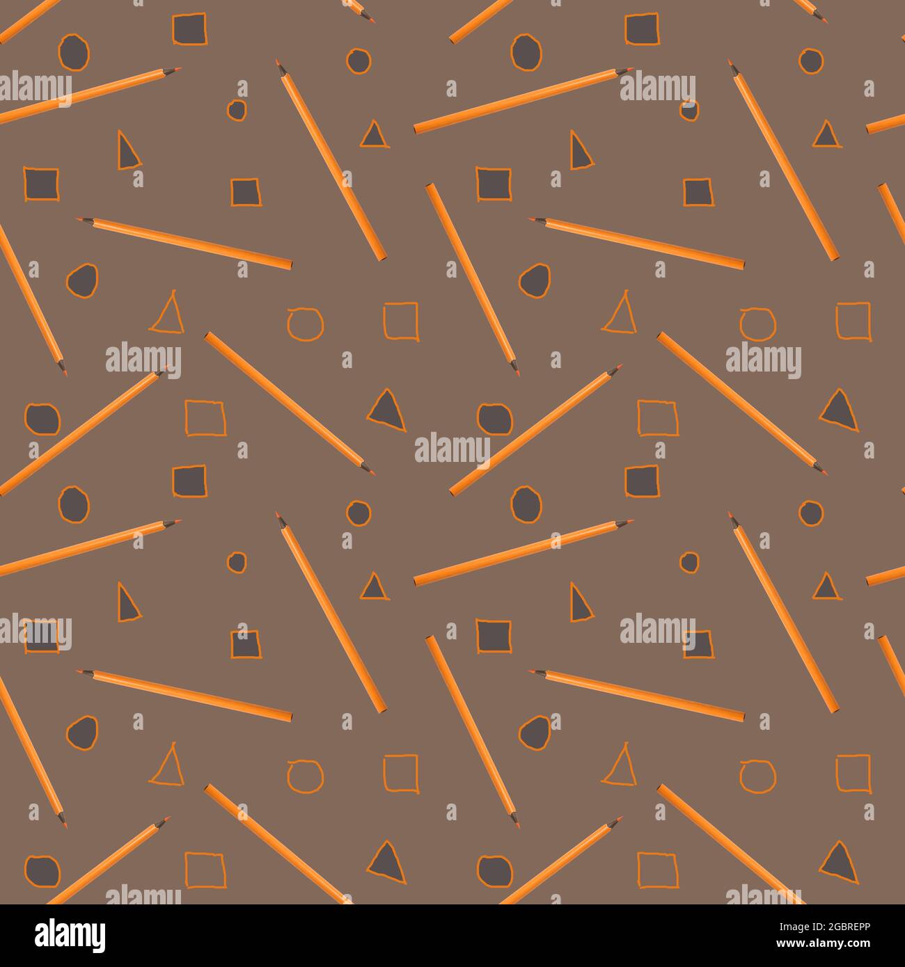 Motif sans couture avec des crayons orange et des figurines géométriques amusantes, cercle, triangle et carré sur fond gris. Banque D'Images