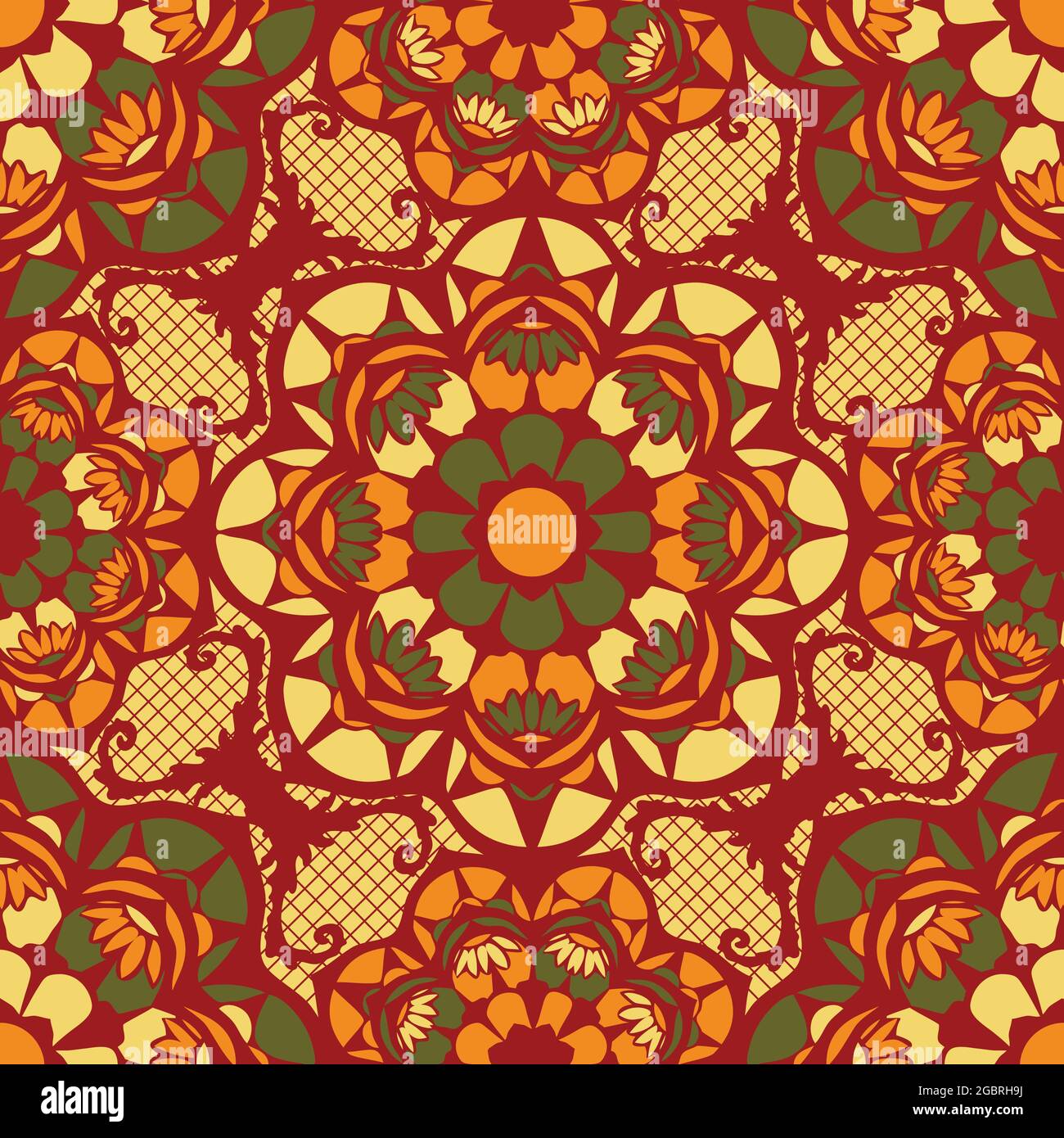 Motif vectoriel sans couture texture en mosaïque de dentelle aux couleurs rouge et orange. Magnifique arrière-plan arabe. Papier peint à broderie turque. Illustration de Vecteur