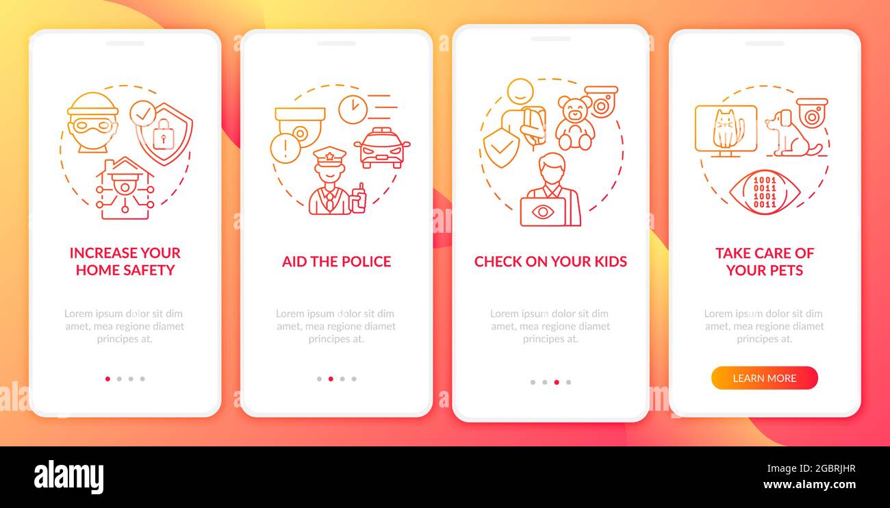 Page d'application mobile d'intégration pour l'augmentation de la sécurité à domicile. Présentation des caméras de sécurité domestiques instructions graphiques en 4 étapes avec concepts. UI, UX, G Illustration de Vecteur