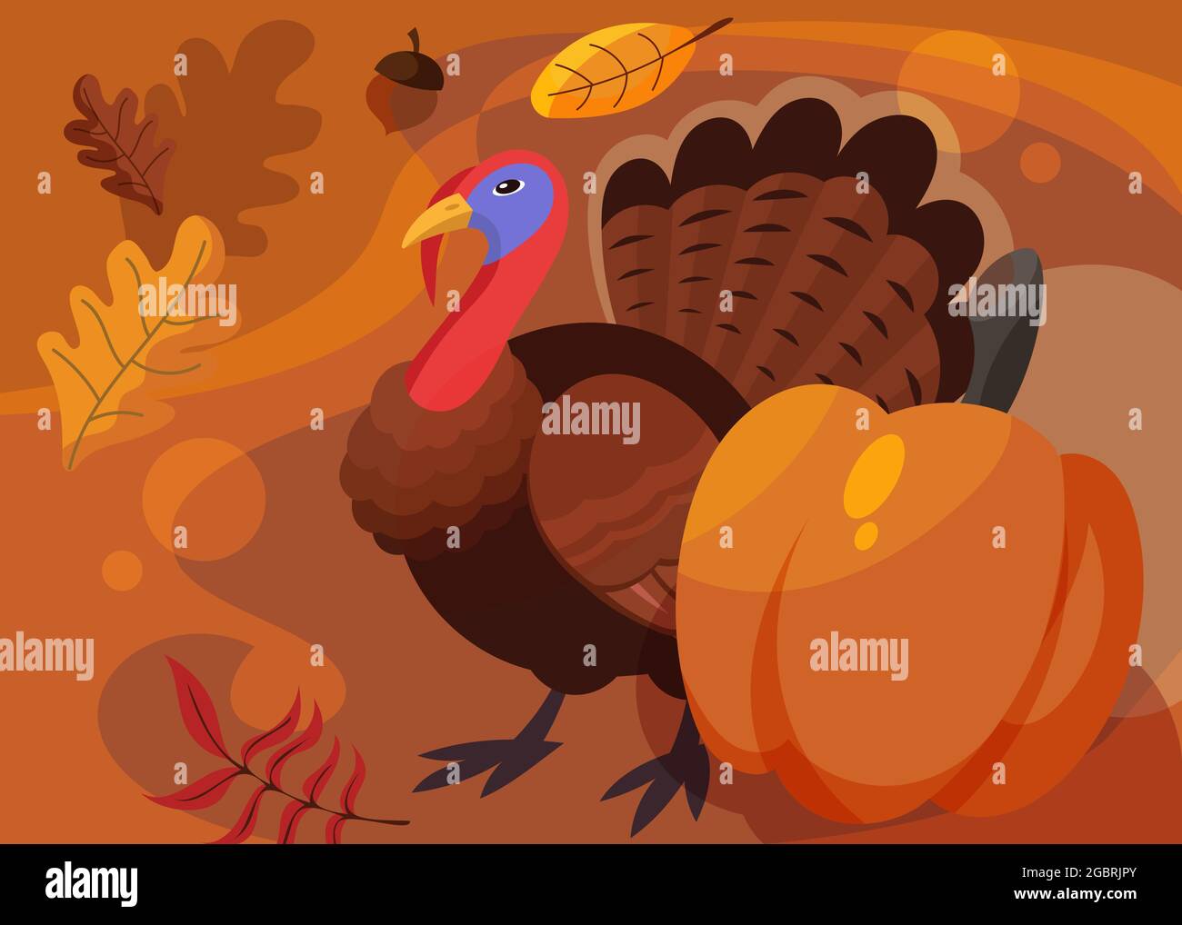 Bannière avec dinde et citrouille. Carte postale du jour de Thanksgiving en style dessin animé. Illustration de Vecteur