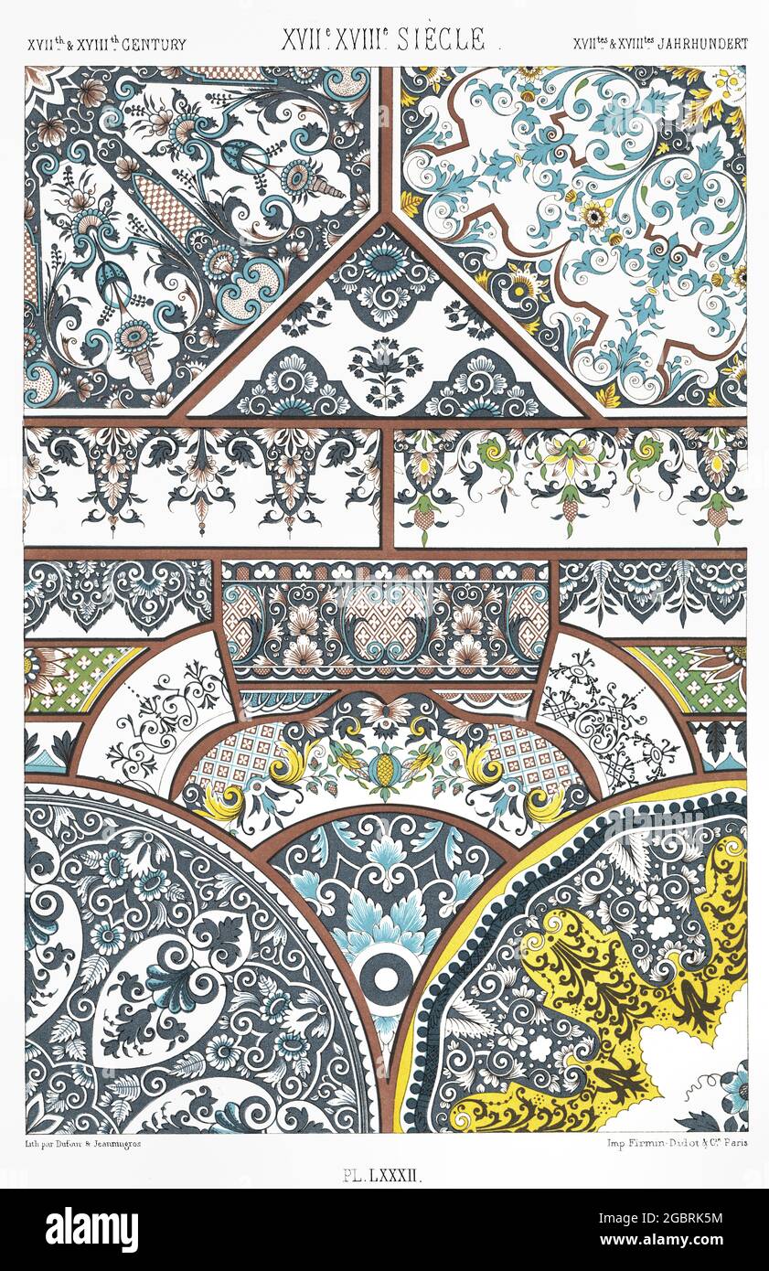 17e et 18e. Siècles – faïence - Fabrication française – faïence de Rouen et de Moustiers. - par l'ornement 1880. Banque D'Images