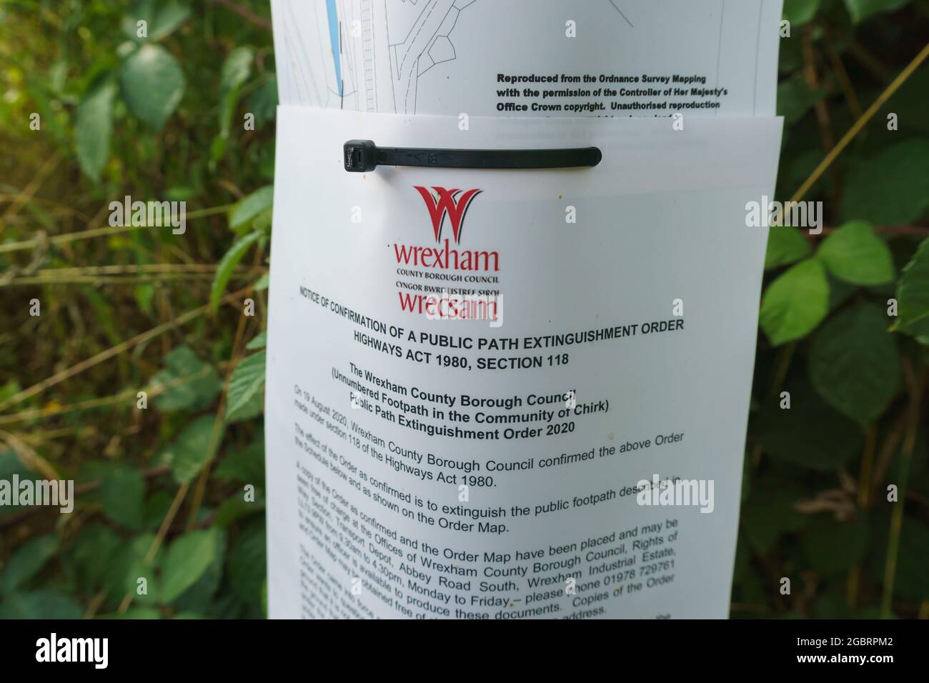 Un exemple de décret d'extinction de voie publique visant à fermer une voie publique en vertu de l'article 118 de la Highways Act 1980 publié par le Conseil de Wrexham Banque D'Images