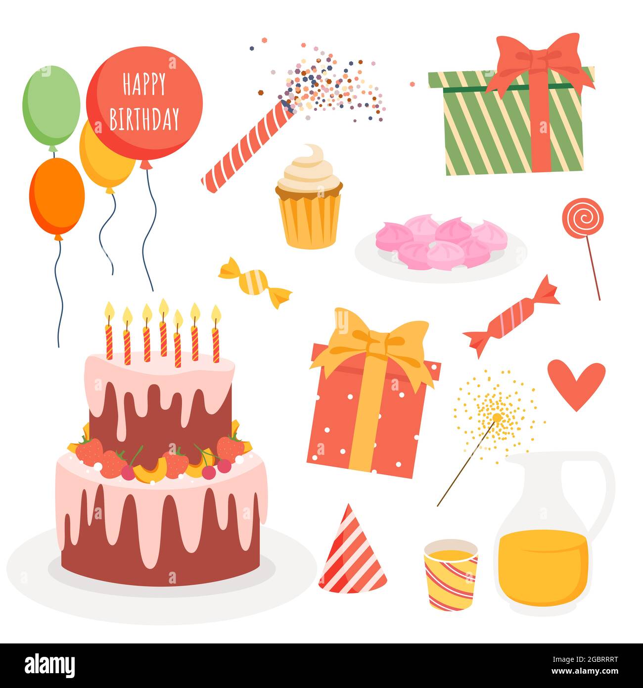 Collection De Decoration D Anniversaire De Fete Avec Boite Cadeau Confetti De Vacances Gateau Mignon Et Bougies Ballon Isole Sur Blanc Ensemble Fete D Anniversaire Image Vectorielle Stock Alamy