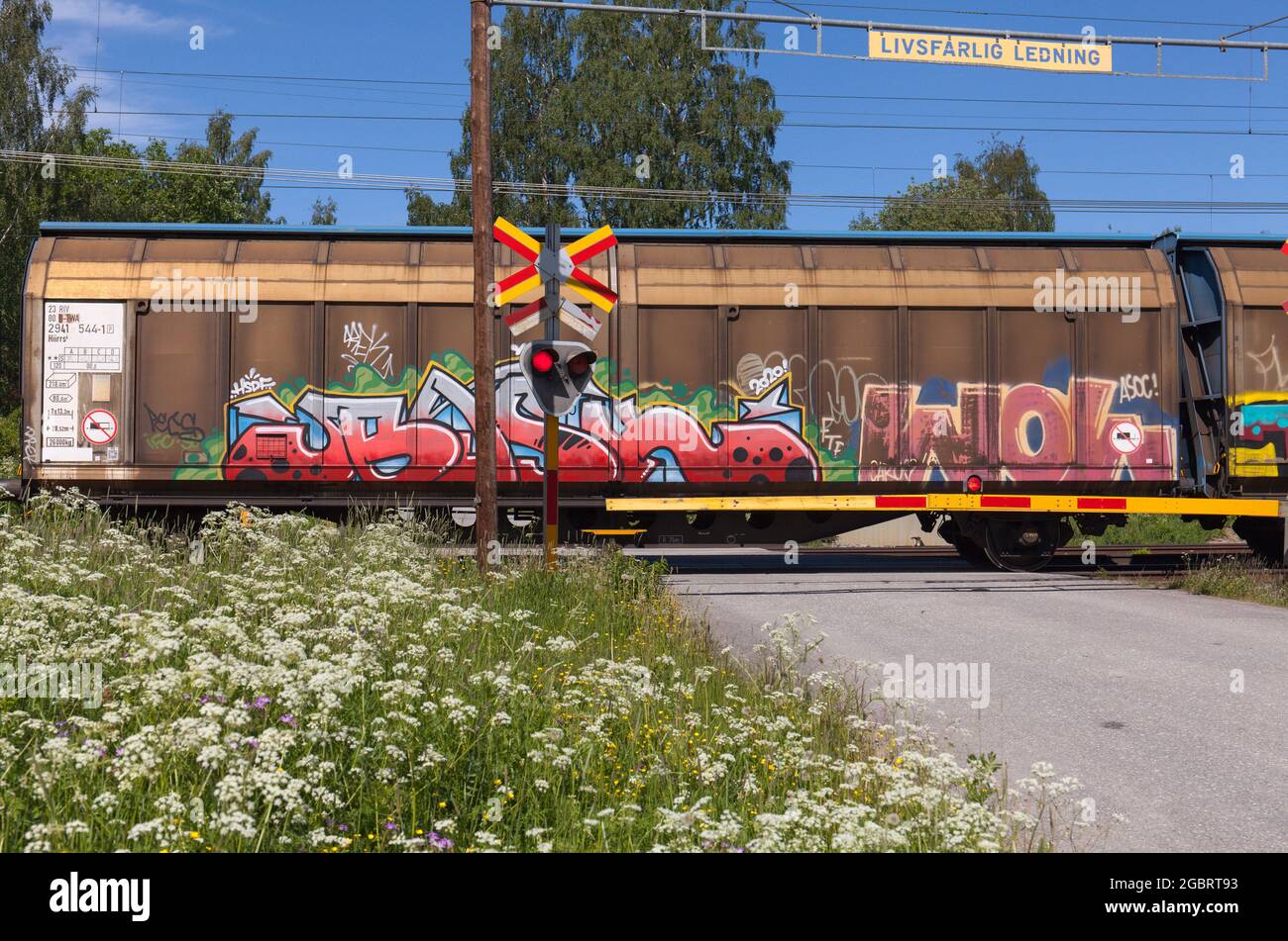 NORTH COUNTY, SUÈDE, LE 17 JUIN. Vue d'un wagon sur un passage à niveau le 17 juin 2021 en Suède. Peinture Graffiti. Éditorial. Banque D'Images