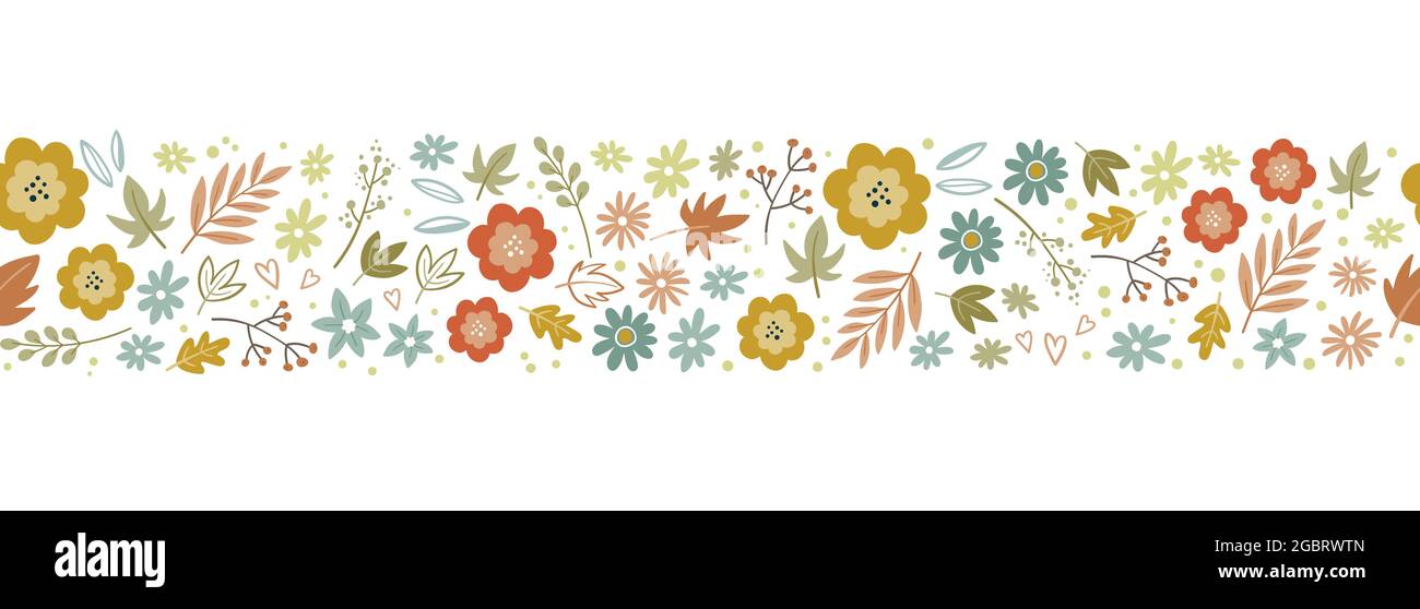 Joli dessin à la main Thanksgiving sans couture avec fleurs et feuilles d'automne, joli fond de doodle, idéal pour les textiles, enveloppeurs, bannières, papier peint Illustration de Vecteur