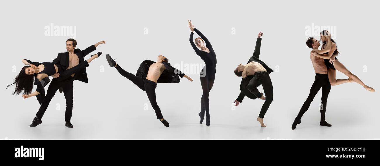 Collage de portraits de danseurs de ballet masculins et féminins dansant isolés sur fond blanc. Concept de l'art, du théâtre, de la beauté et de la créativité Banque D'Images