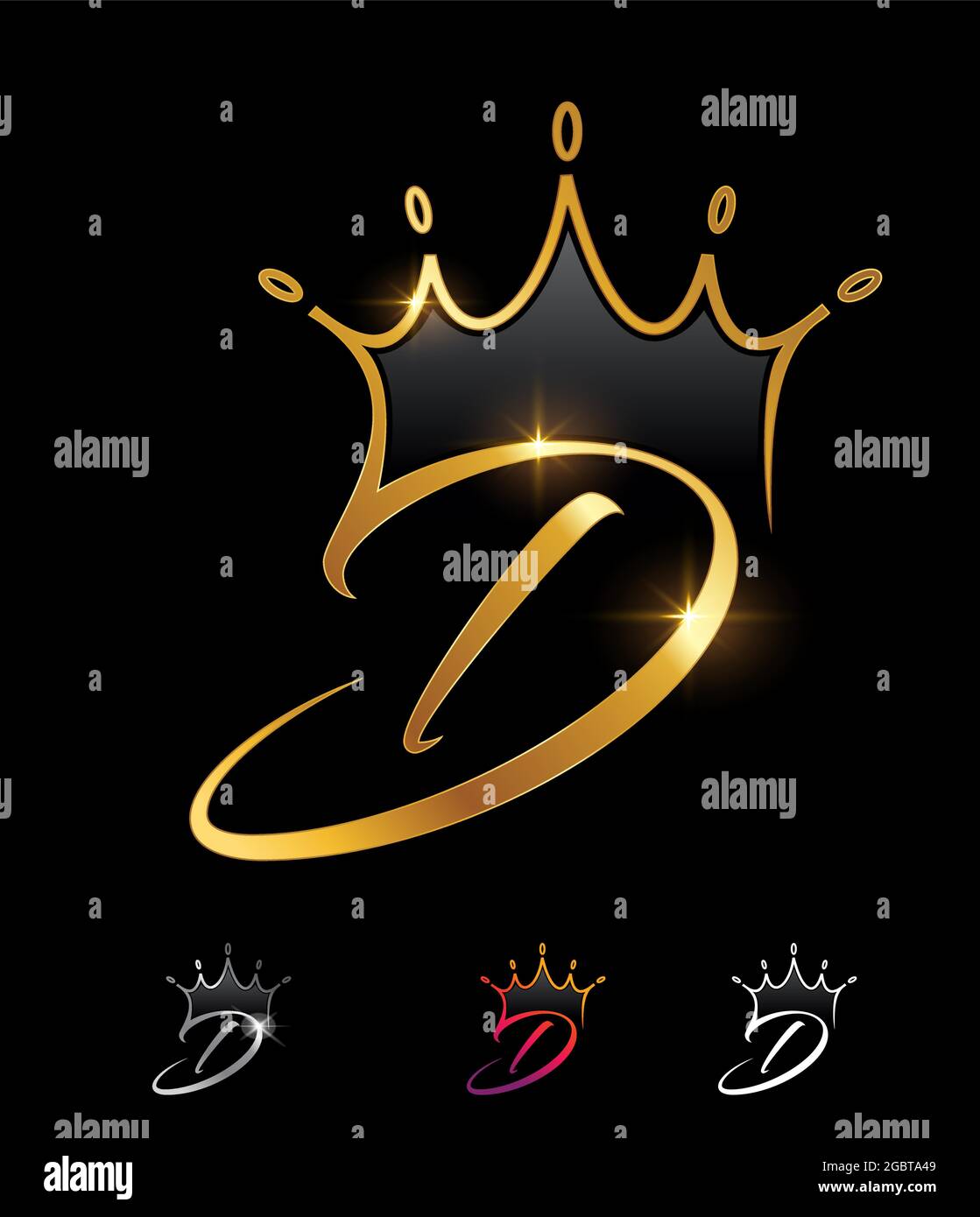 Ensemble d'illustrations vectorielles de la lettre D initiale de la couronne du monogramme doré sur fond noir avec effet brillant doré Illustration de Vecteur