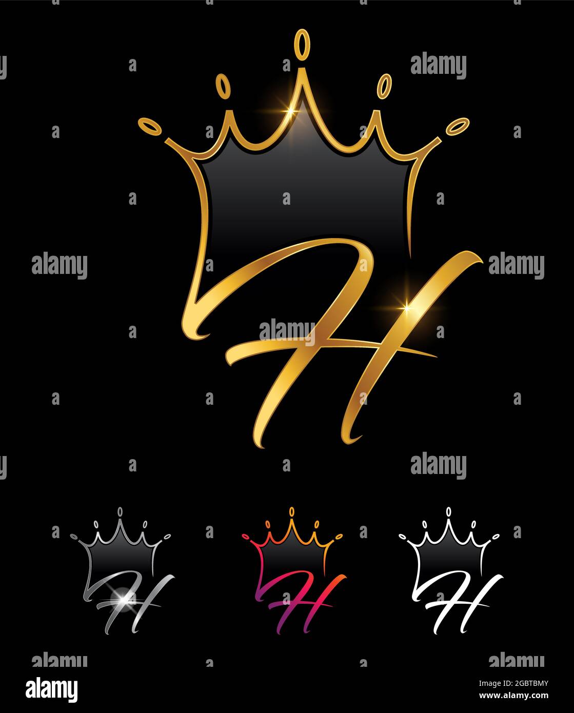 Un ensemble d'illustrations vectorielles de la couronne d'or lettre initiale H sur fond noir avec effet sghine doré pour le luxe et logo et signe royal Illustration de Vecteur
