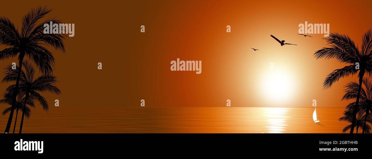 magnifique coucher de soleil de rêve dans le paysage tropical de l'océan. bannière chaude et ensoleillée Banque D'Images