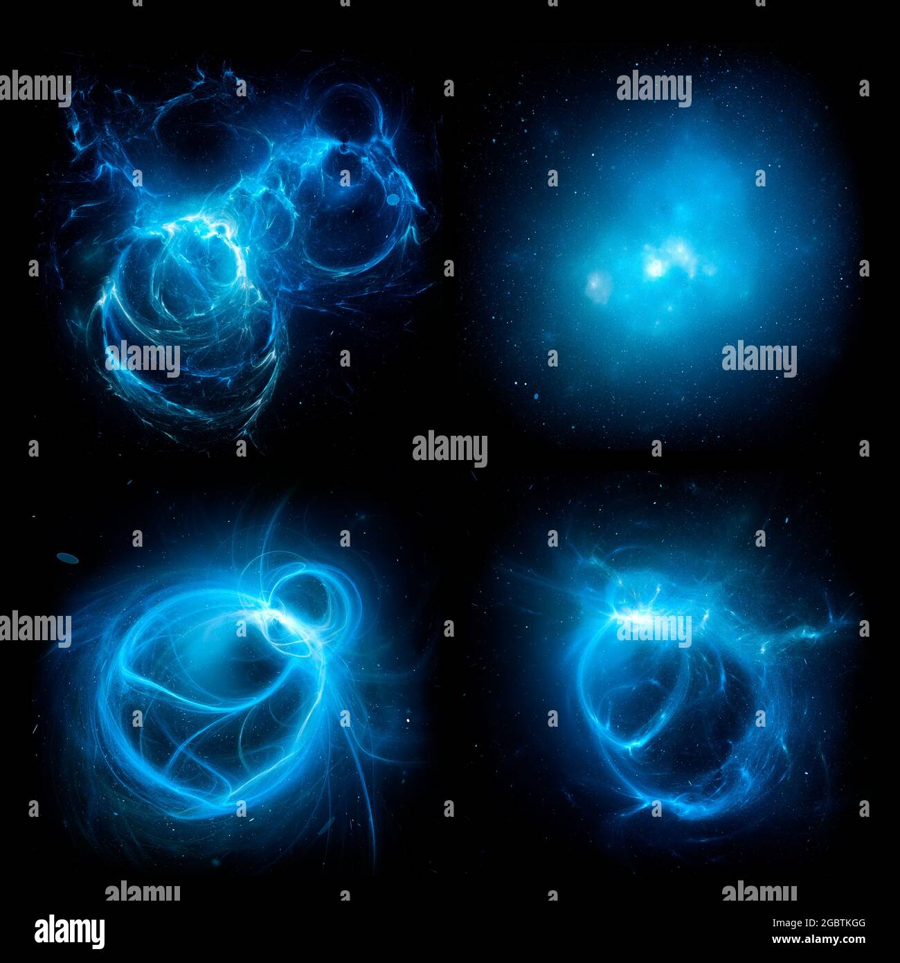 Ensemble d'objets d'énergie plasma bleutés sur l'espace noir, rendu 3D abstrait généré par ordinateur Banque D'Images
