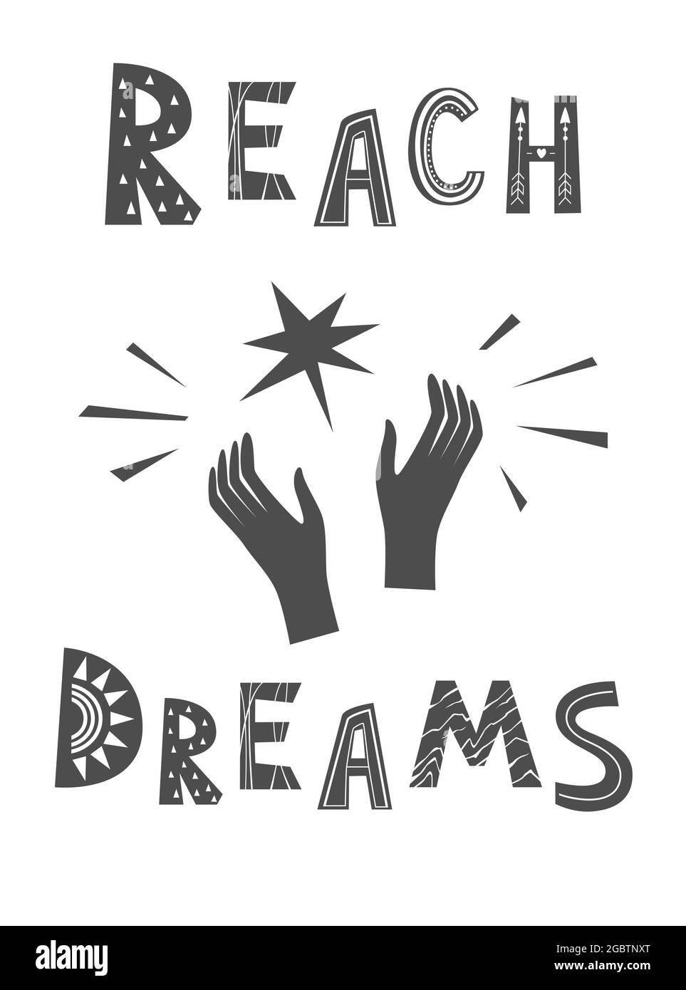 Lettrage Vector de Reach Dreams dans un style scandinave. Motivation de texte, art mural inspiré, poster ou conception de carte isolée sur blanc. But et Illustration de Vecteur