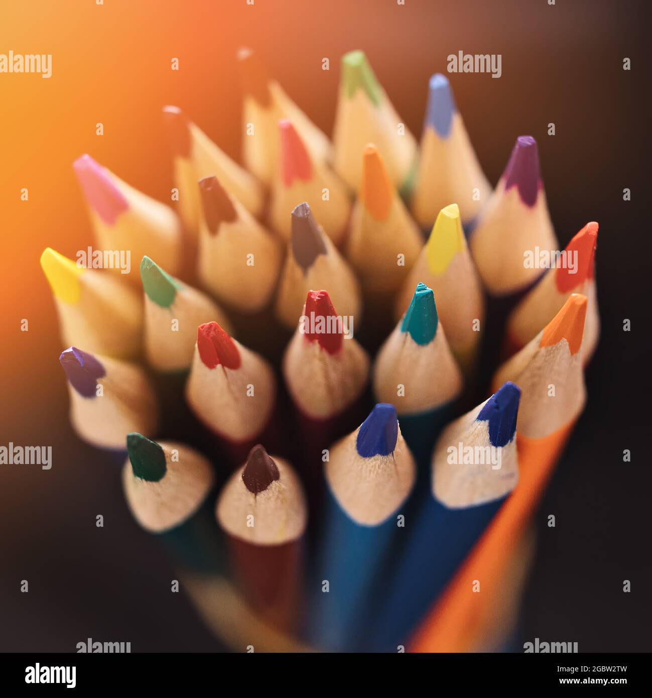 Nouveaux crayons de couleur accentuée sur un fond sombre avec lumière du soleil ou éclairage. Arrière-plan abstrait sur un thème créatif. Retour à l'école. Banque D'Images