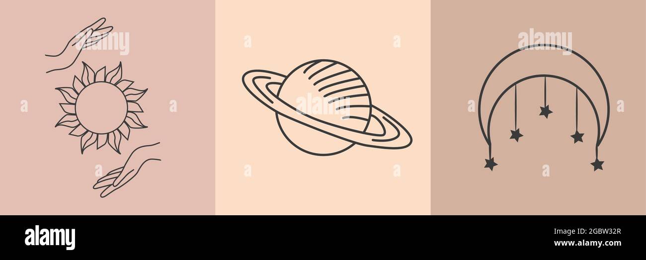 Ensemble de symboles ésotériques, alchimie et sorcellerie. Magie céleste illustration des icônes et symboles du soleil, de la lune, des cristaux, de l'œil méchant, des mains sorcières Illustration de Vecteur