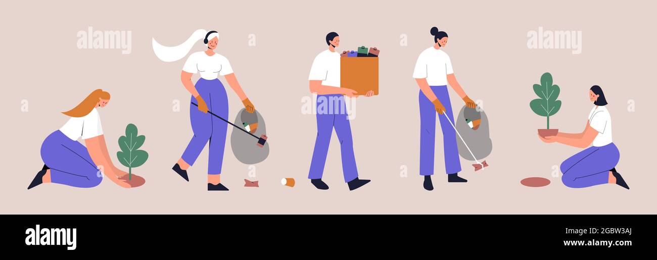 Ensemble de personnes ramassant les déchets dans des sacs poubelle. Les éco-volontaires nettoient l'environnement pollué des ordures et des arbres végétaux. Illustration vectorielle plate Illustration de Vecteur