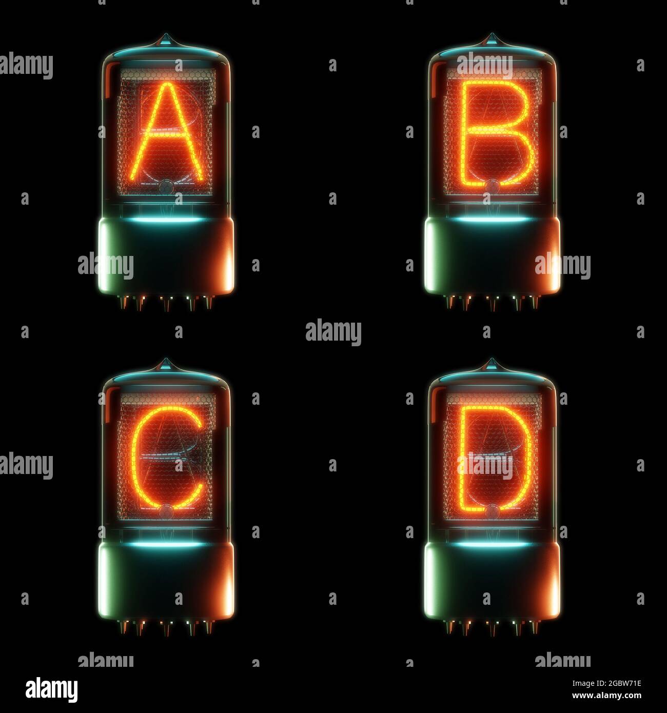 Rendu 3d de l'alphabet du tube cathodique froid - lettres A-D. Banque D'Images