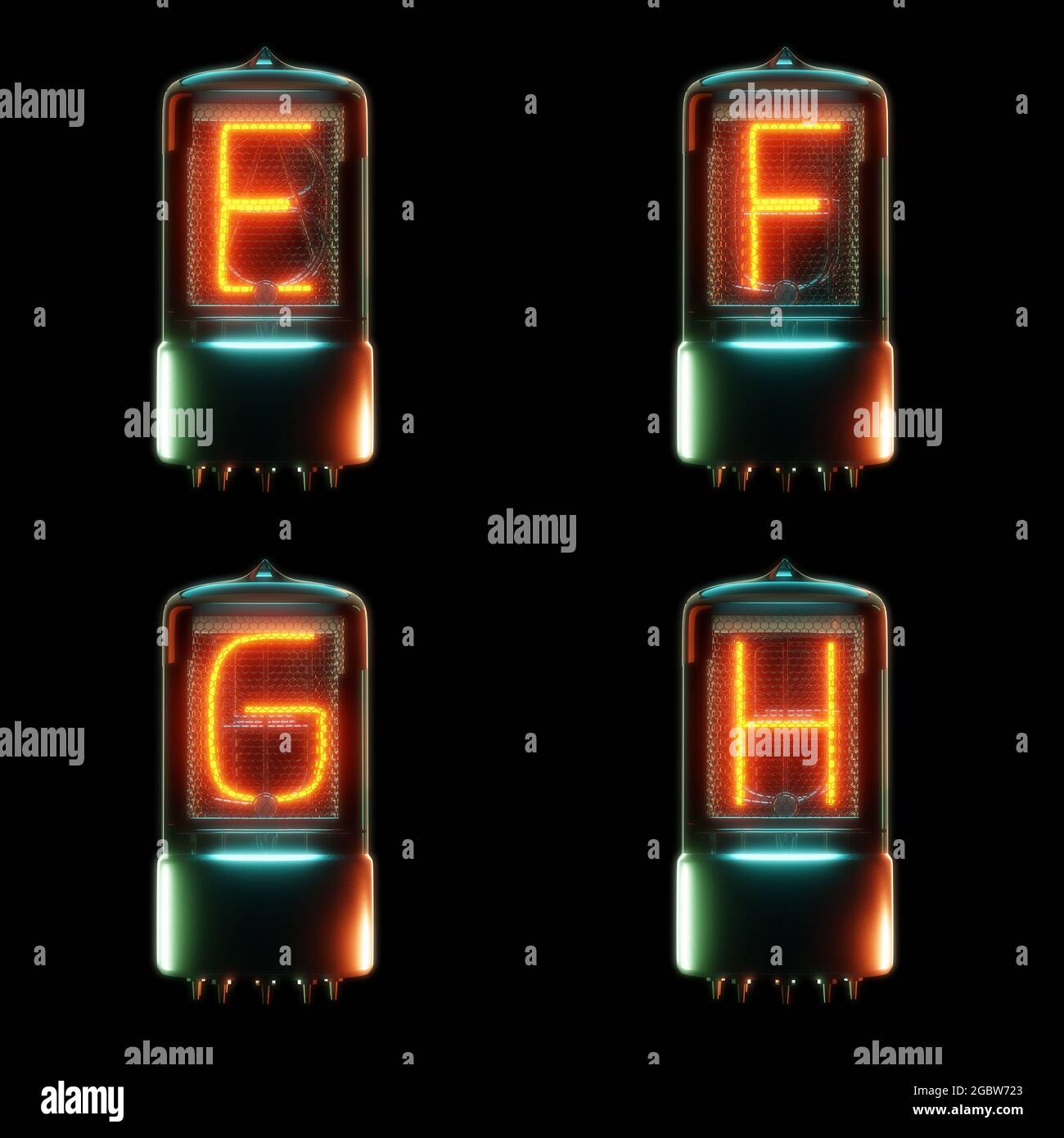 Rendu 3d de l'alphabet du tube cathodique froid - lettres E-H. Banque D'Images