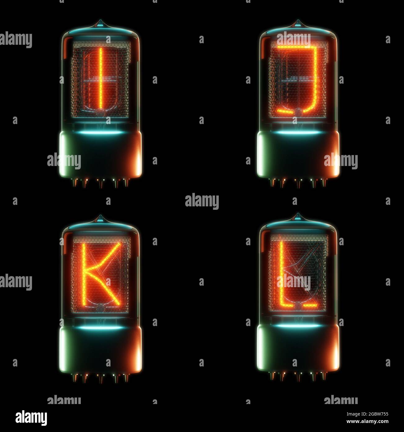 Rendu 3d de l'alphabet du tube cathodique froid - lettres I-L. Banque D'Images