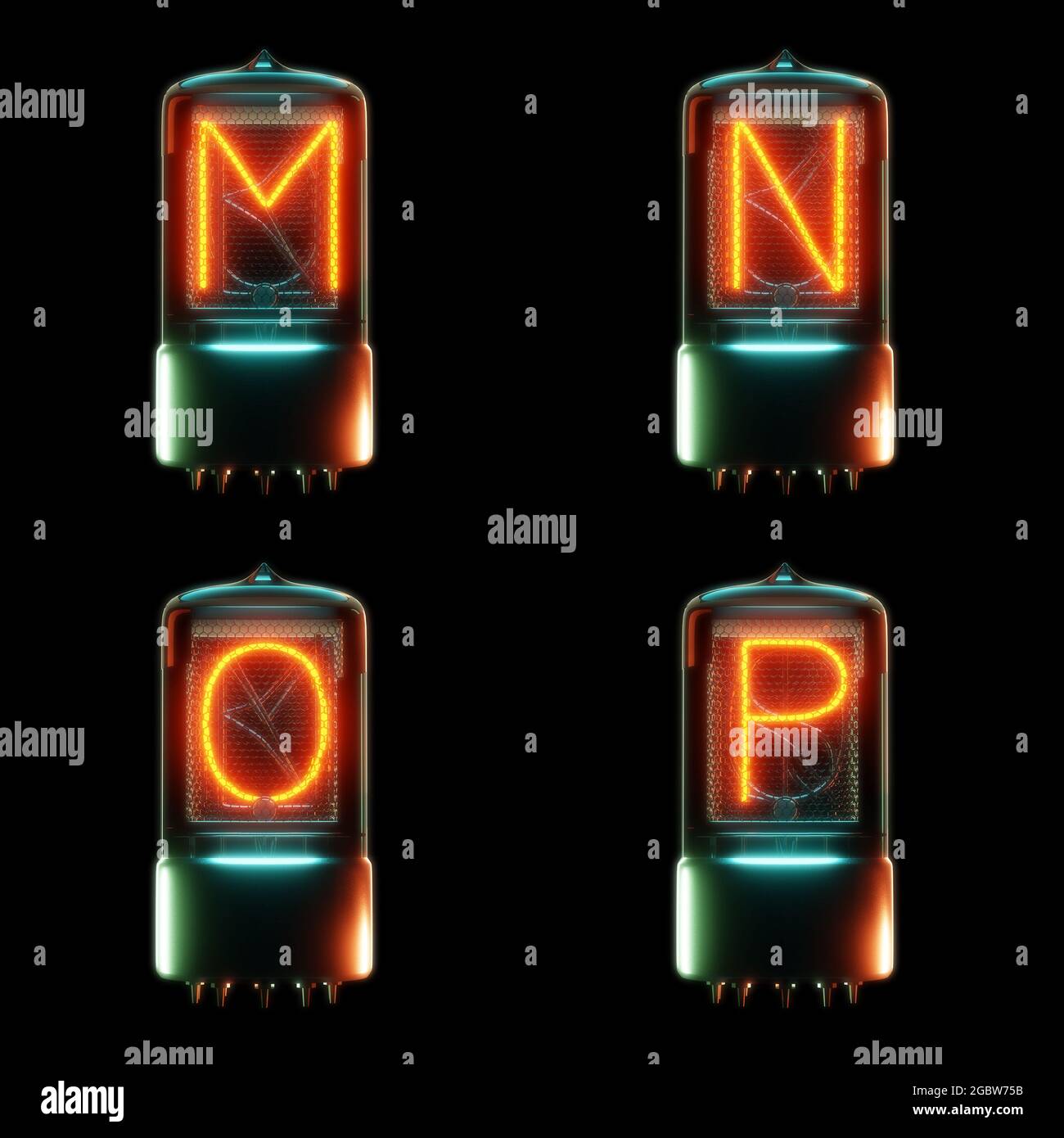 Rendu 3d de l'alphabet du tube cathodique froid - lettres M-P. Banque D'Images