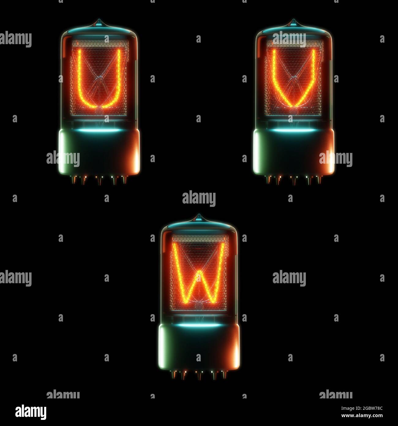 Rendu 3d de l'alphabet du tube cathodique froid - lettres U-W. Banque D'Images
