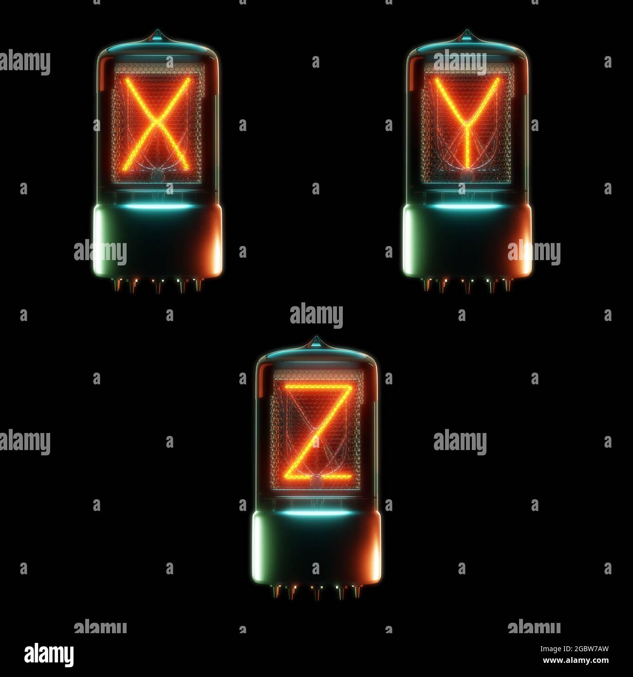 Rendu 3d de l'alphabet du tube cathodique froid - lettres X-Z. Banque D'Images