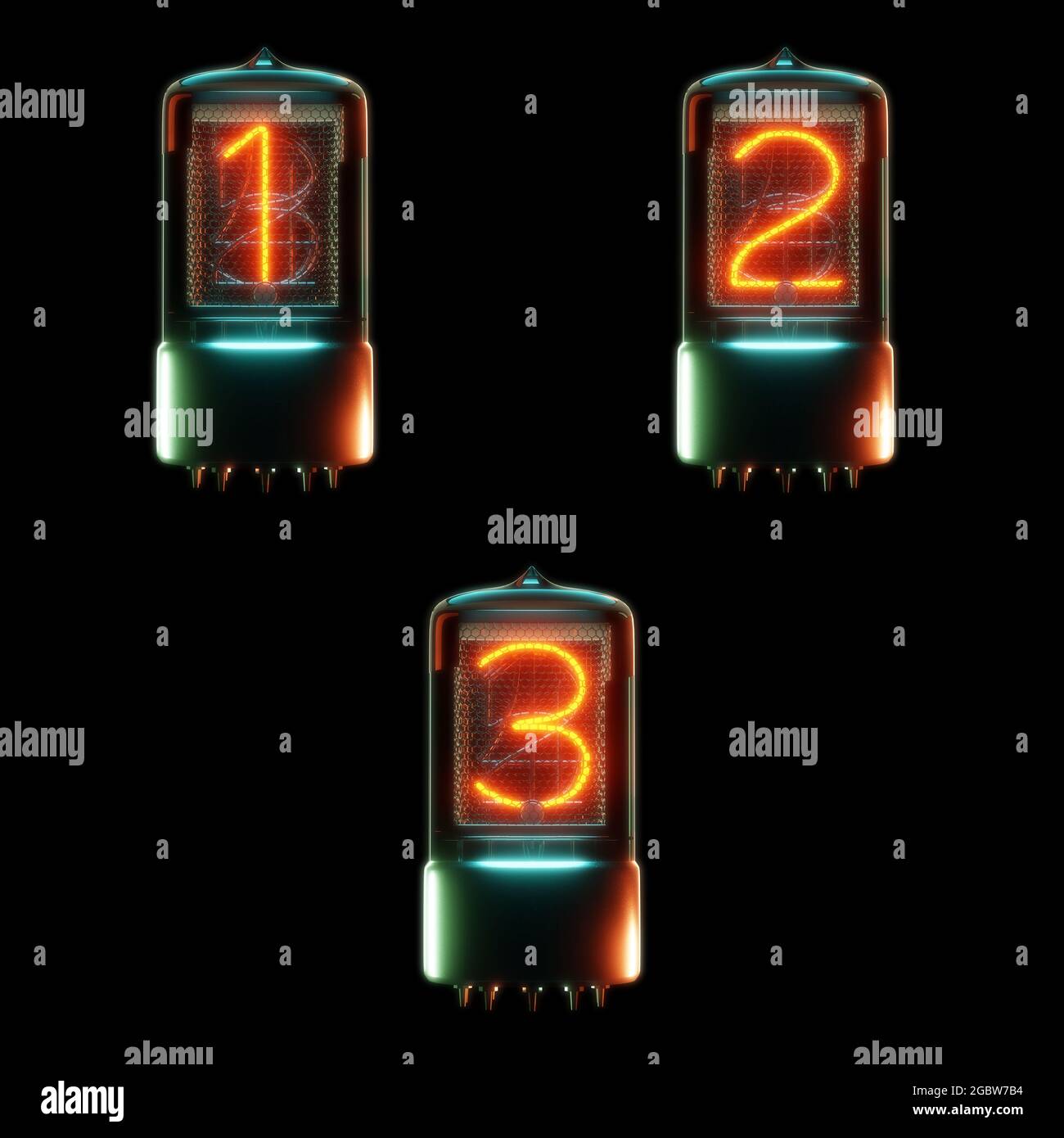 rendu 3d de l'alphabet du tube cathodique froid - chiffres 1-3 Banque D'Images