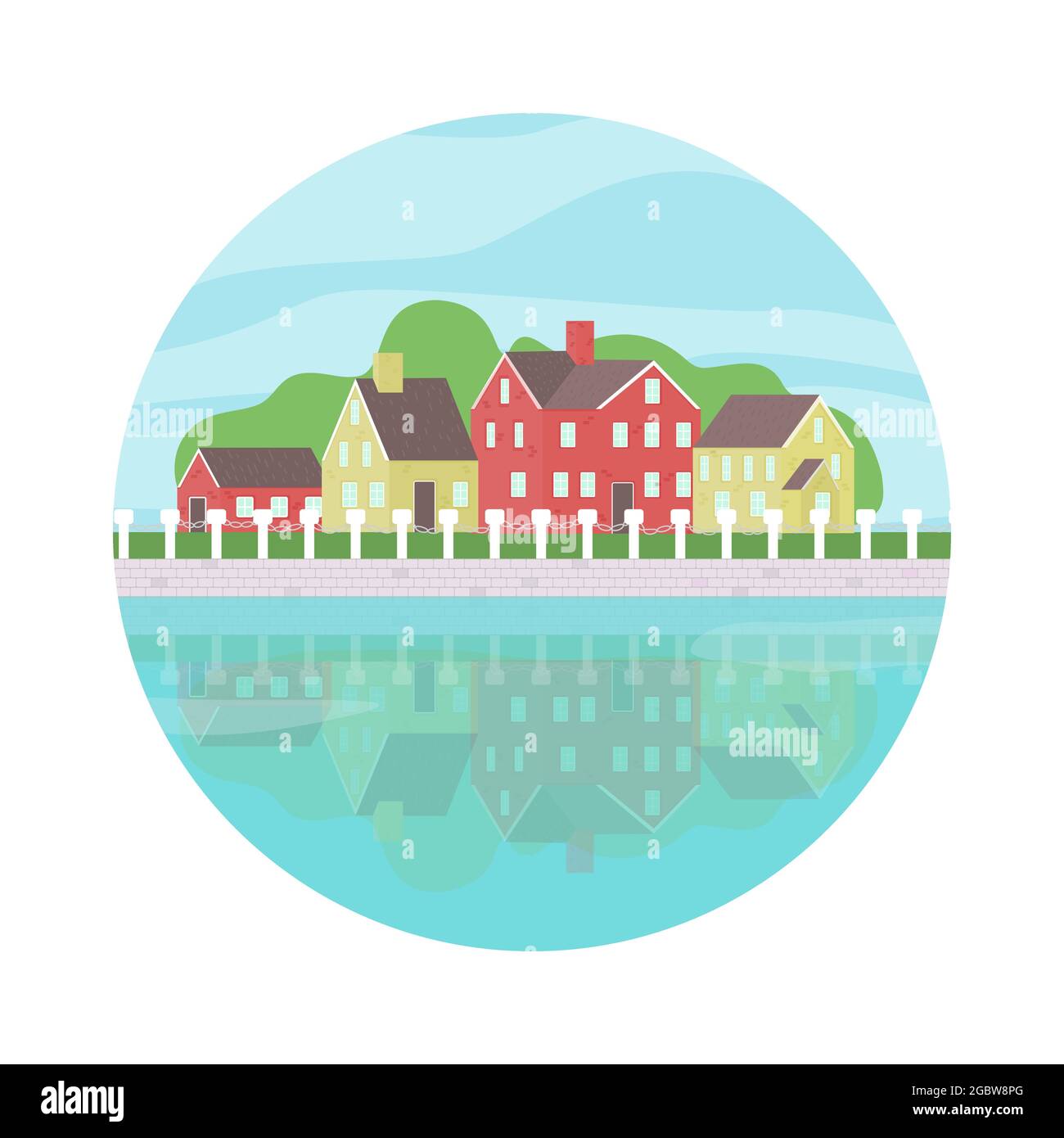 Maisons lumineuses paysage avec illustration de vecteur de rivière. Affiche ronde Illustration de Vecteur