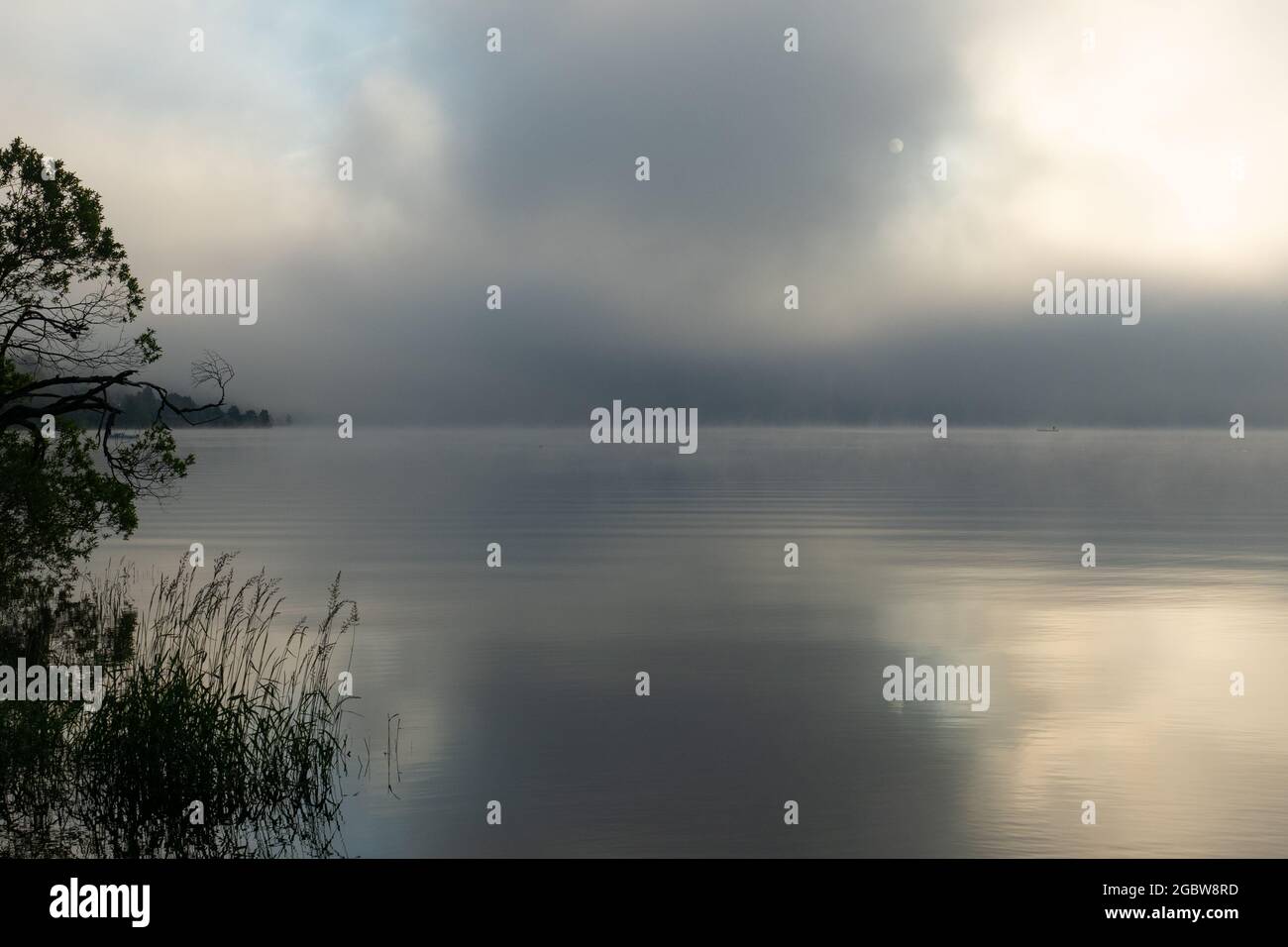 Un matin tôt au Lac de Joux, Suisse: Beau paysage avec brouillard et soleil levant Banque D'Images