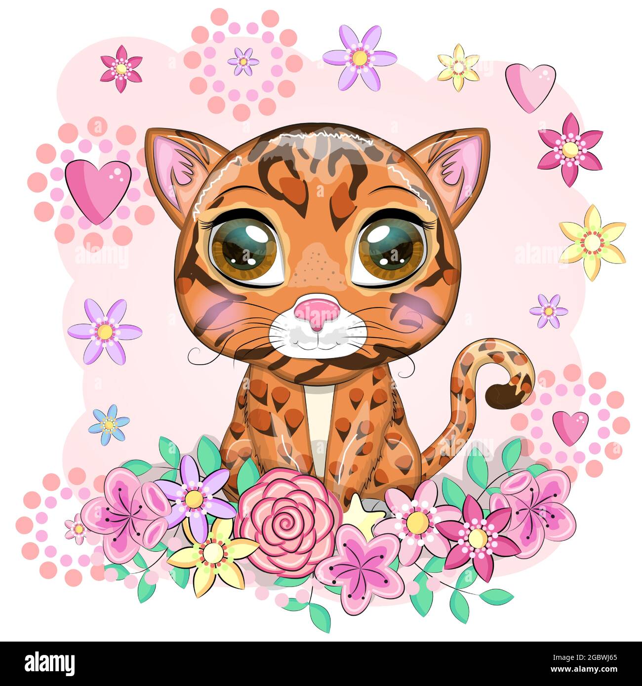 Chat Bengale avec de beaux yeux dans le style de dessin animé, hybride, illustration colorée pour les enfants. Chat Bengale avec des taches et des couleurs caractéristiques Illustration de Vecteur