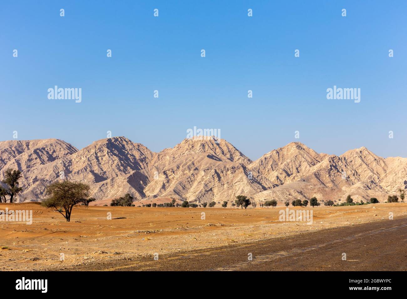 Jebel Al Fayah chaîne de montagnes rocheuses dans le désert à Sharjah, Émirats arabes Unis. Banque D'Images