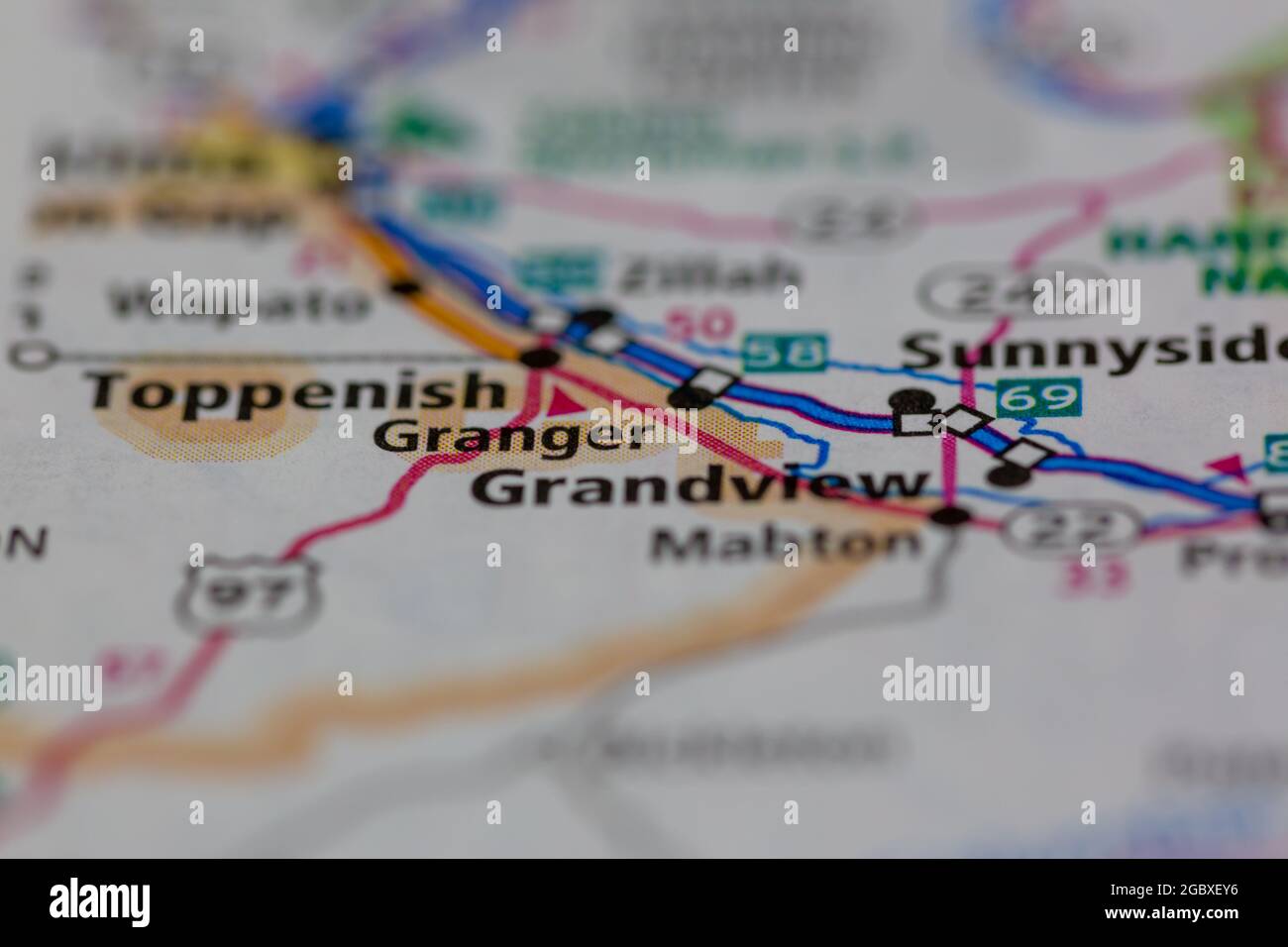 Granger Washington State USA indiqué sur une carte routière ou une carte de la géographie Banque D'Images
