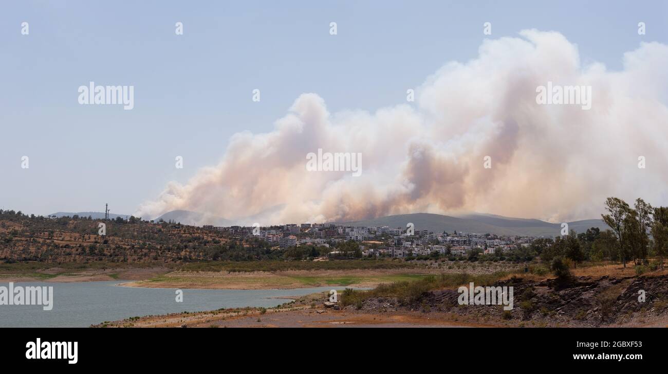 Mugla, Turquie - 1er août 2021. Vue panoramique de la fumée de l'été 2021 feux à Mugla Bodrum Mazi village Turquie. Banque D'Images