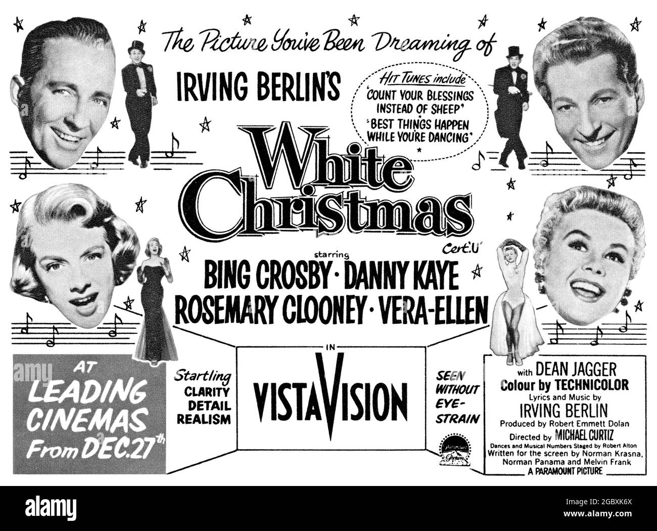 1954 Publicité britannique pour le film Noël blanc, avec Bing Crosby, Danny Kaye, Rosemary Clooney et Vera-Ellen. Musique et paroles d'Irving Berlin, réalisé par Michael Curtiz. Banque D'Images