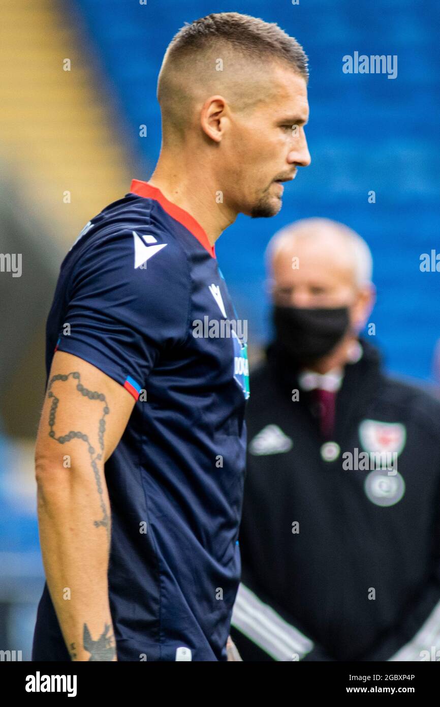 The New Saints v FC Viktoria Plzeň lors de la troisième manche de qualification de l'UEFA Europa Conference League au Cardiff City Stdaium le 5 août 2021. De la Banque D'Images