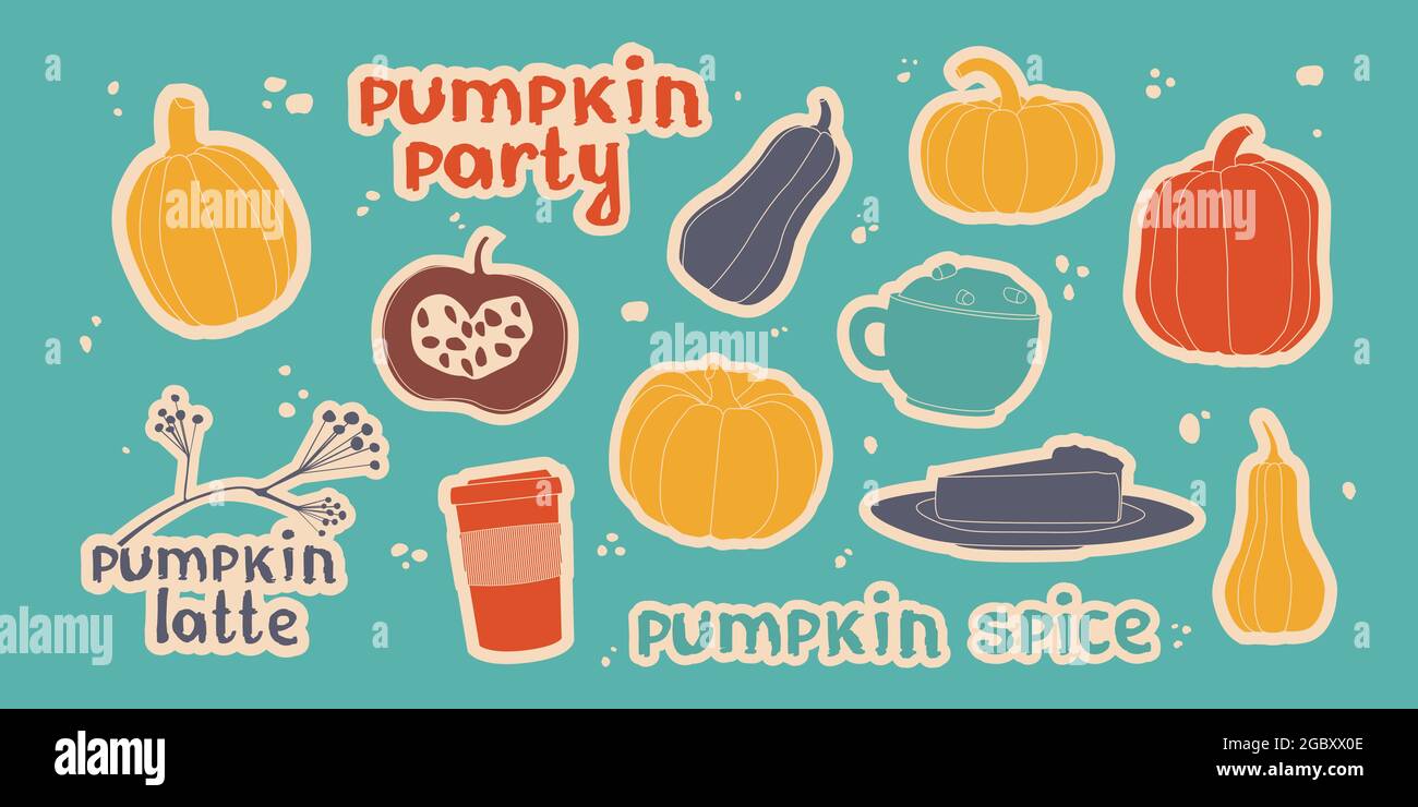 Ensemble d'autocollants d'automne avec citrouilles, café et tarte. Latte de citrouille, lettrage, jolie illustration. Illustration de Vecteur