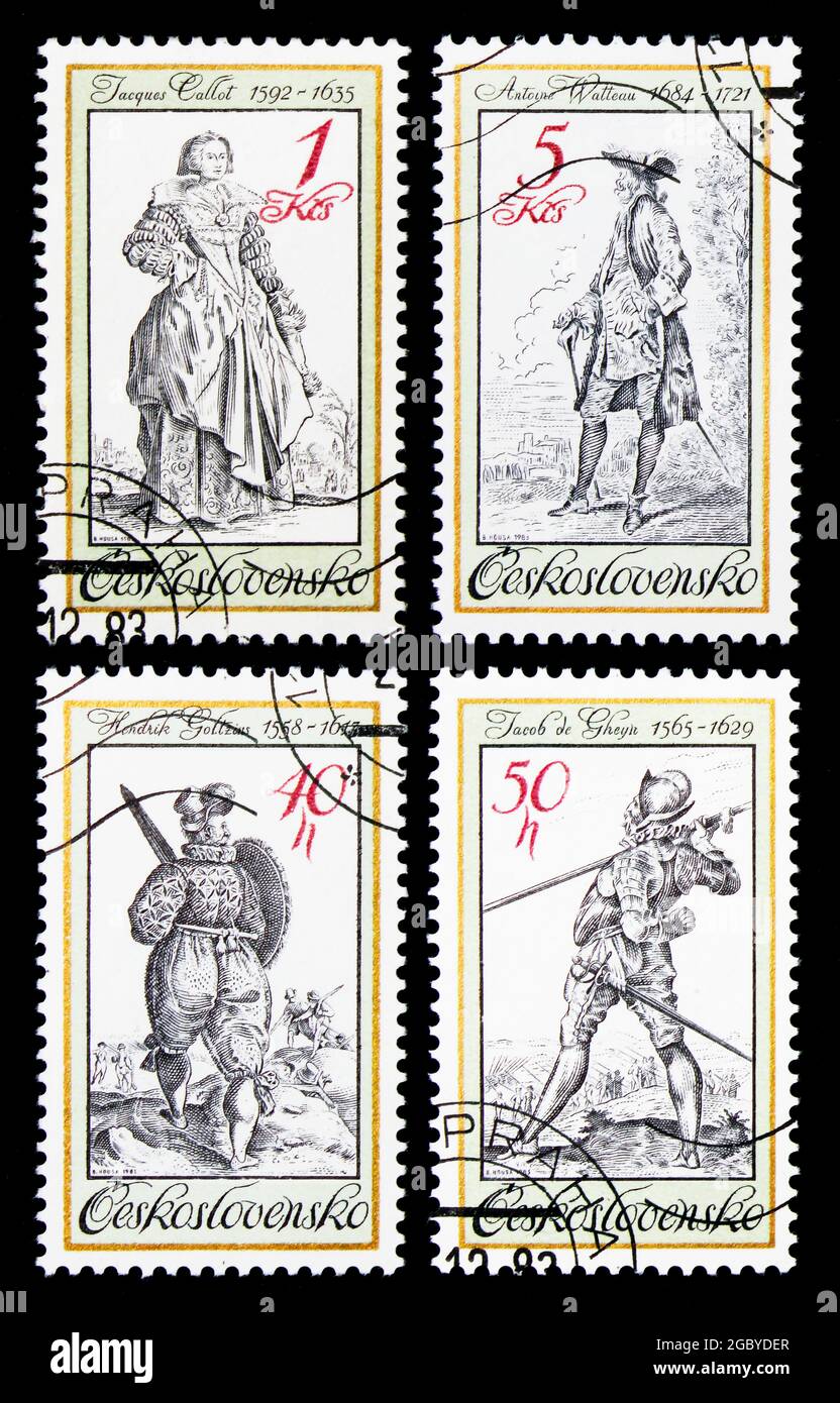 MOSCOU, RUSSIE - 26 NOVEMBRE 2017 : quatre timbres-poste imprimés en Tchécoslovaquie à partir de l'ancienne série d'uniformes et de costumes, vers 1983 Banque D'Images