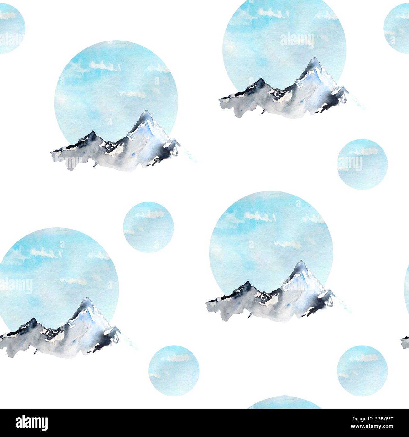Motif aquarelle sans couture dessiné à la main avec pics de montagne bleus en hiver. Ski activités de plein air concept touristique. Nature paysage froid temps collines Banque D'Images